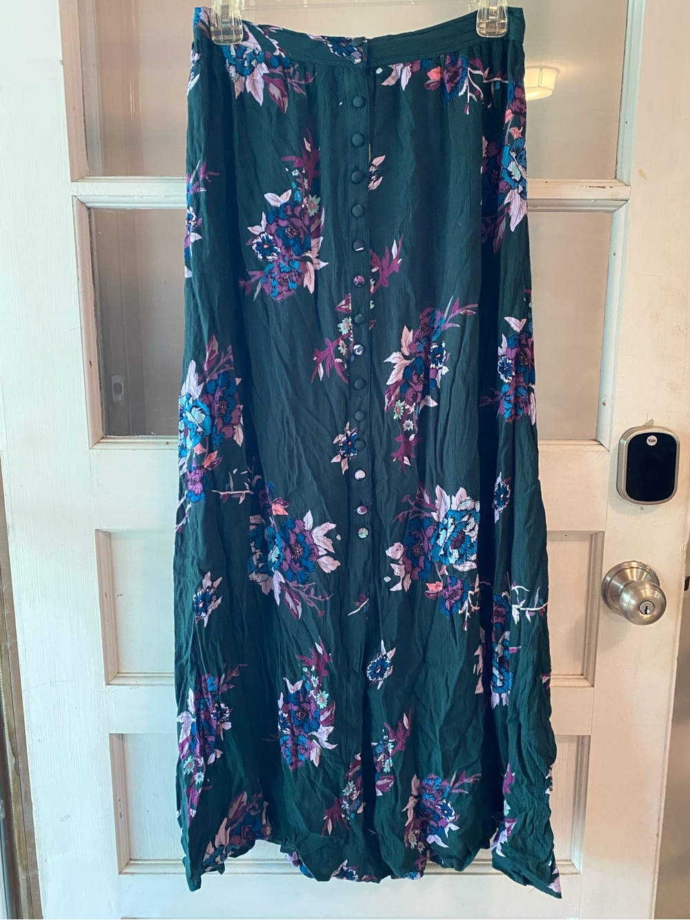Patrons of Peace Green Boho Maxi Skirt with Floral Print and Buttons- Medium